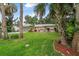 A beautifully landscaped front yard featuring mature trees and lush lawn framing a cozy home with neutral exterior and a long drive at 2509 Kumquat Dr, Edgewater, FL 32141