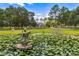 Scenic view of a home with a charming pond featuring a dolphin statue and lush lily pads at 5366 N Lake Farms Rd, De Leon Springs, FL 32130