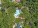 Aerial view of a home featuring a pool and beautiful landscaping surrounded by lush trees at 712 S Timberlane Dr, New Smyrna Beach, FL 32168