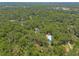 Aerial view of a wooded property featuring a home, pool, trees, and lush greenery at 712 S Timberlane Dr, New Smyrna Beach, FL 32168