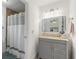 Bathroom features a neutral vanity and shower with patterned tiled walls at 1166 Tracy Dr, Port Orange, FL 32129