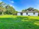 Exterior showing backyard, lush green lawn, sliding glass door, and backyard fence at 1203 W 20Th St, Sanford, FL 32771