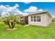 Well-maintained backyard with tropical landscaping, privacy hedge, and screened patio access at 241 Old Moss Cir, Deland, FL 32724
