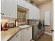 Functional laundry room with white cabinets, countertop, sink, and modern washer and dryer units at 3592 Grande Tuscany Way, New Smyrna Beach, FL 32168
