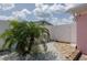 Backyard view featuring lush palms, white gravel, pavers, and a fence at 179 Ann Rustin S Dr, Ormond Beach, FL 32176