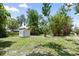A large backyard with a small storage shed, privacy bamboo, and a lush green lawn at 18 S Shell Rd, Debary, FL 32713