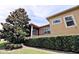 Beige home with a screened lanai, a hedge lined back yard, and mature trees at 201 Walter Stevens Way, Deland, FL 32724