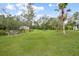 Spacious backyard with a pond, dock, trampoline, and towering pines, perfect for outdoor activities and relaxation at 3671 Plantation Dr, Ormond Beach, FL 32174