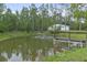 Picturesque pond with a fountain and dock, creating a tranquil and scenic backyard setting at 3671 Plantation Dr, Ormond Beach, FL 32174