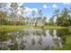 Scenic view of a home overlooking a large pond with a fountain, surrounded by lush greenery and trees at 3671 Plantation Dr, Ormond Beach, FL 32174