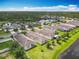 Aerial view of a neighborhood featuring well-maintained homes and lush landscaping near a lake at 422 Armoyan Way, New Smyrna Beach, FL 32168