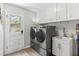 Bright laundry room with modern washer and dryer units, a sink, white cabinets, and outdoor access at 204 Rio Pinar Dr, Ormond Beach, FL 32174