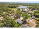 Picturesque aerial view capturing a serene neighborhood near a lake featuring a fountain and a pier at 3655 Scott St, Port Orange, FL 32129