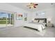 Staged bedroom with a large bed, modern lamps, and a screened-in porch view, creating a cozy retreat at 6083 Sabal Hammock Cir, Port Orange, FL 32128