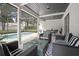 Inviting covered patio featuring a cozy seating area with a fire pit and view of the sparkling pool at 613 John Thomas Ave, Deland, FL 32724