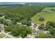 Scenic aerial shot showcases a neighborhood with mature trees, open fields, and a glimpse of a lake in the distance at 1620 20Th St, Orange City, FL 32763