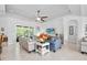 Spacious living room with stylish furnishings, a ceiling fan, and sliding glass doors to the patio at 2825 S Asciano Ct, New Smyrna Beach, FL 32168
