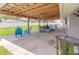 Covered patio with ample seating, fan, lighting, and a grill for entertaining in a spacious backyard at 3324 Royal Palm Dr, Edgewater, FL 32141