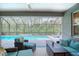 Relaxing screened patio with comfortable seating, a pool view, and lush greenery at 3428 Saltee Cir, Ormond Beach, FL 32174