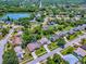 Expansive aerial shot of a community with lush landscaping, a beautiful lake, and a mix of homes with swimming pools, offering scenic views at 5936 Boggs Ford Rd, Port Orange, FL 32127