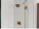 Detail of a modern glass enclosed shower with bronze shower head and fixtures at 3110 John Anderson Dr, Ormond Beach, FL 32176
