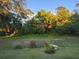The backyard offers a peaceful view with mature trees, a stone bench, and lots of green space at 2719 Brookline Ave, New Smyrna Beach, FL 32168