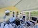 Relaxing screened porch with seating and fire pit at 104 Sunset Way, Fruitland Park, FL 34731
