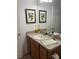 Well-lit bathroom with wood vanity, sink, and framed palm tree art at 2595 Edenville Path, The Villages, FL 32162
