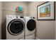 Convenient laundry room with front-load washer and dryer, wire shelving, and beach-themed artwork at 1628 Covey Rise Ter, Winter Haven, FL 33884