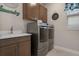 Modern laundry room with updated cabinetry, sink, and front loading washer and dryer at 9773 Sw 63Rd Loop, Ocala, FL 34481