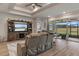 Cozy living room with large television and sliders leading to screened lanai overlooking expansive backyard at 9773 Sw 63Rd Loop, Ocala, FL 34481