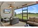 A comfortable screened in patio offers a ceiling fan and view of the large backyard at 9773 Sw 63Rd Loop, Ocala, FL 34481