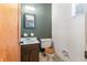 Cozy half bathroom featuring a classic vanity, toilet, decorative mirror, and a neutral color scheme at 3200 Se 34Th St, Ocala, FL 34471