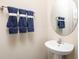 Modern half-bath with pedestal sink, oval mirror, and neatly arranged blue towels on a chrome rack at 7088 Lanier Falls Rd, Deland, FL 32724