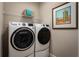 Efficient laundry room with modern, front-loading washer and dryer set and wire shelving for organized storage at 1556 Covey Rise Ter, Winter Haven, FL 33884