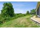 Lush green backyard with a stone retaining wall and screened-in lanai at 27223 Nostalgia Dr, Leesburg, FL 34748