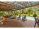 A spacious, covered, wooden patio with rocking chairs overlooks the backyard pool at 3341 Se 45Th St, Ocala, FL 34480