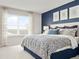 Stylish bedroom features large window, blue accent wall, soft carpet and decorative bedding at 1203 Turtle Island Rd, Lady Lake, FL 32159