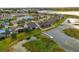 Aerial view of homes on a waterfront with backyard docks, lush greenery, and a tranquil pond at 1382 Heritage Landings Dr, Lakeland, FL 33805