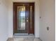 Close-up of the front door featuring glass pane and elegant hardware at 1424 Figueroa St, The Villages, FL 32162