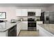 Modern kitchen featuring stainless steel appliances, white cabinetry, and granite countertops at 2307 Incandescent Way, South Daytona, FL 32119