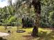 Landscaped backyard featuring a lawn, trees, and a charming wrought iron fence at 14545 Sw 34Th Terrace Rd, Ocala, FL 34473