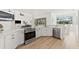 Bright kitchen with stainless steel appliances, white cabinets, and light wood floors offers a contemporary design at 1148 Rosetta Dr, Deltona, FL 32725