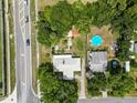 Aerial view of the home showcasing the backyard, swimming pool, and surrounding trees at 103 S Flagler Ave, Edgewater, FL 32132