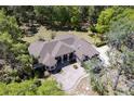 Aerial view of the home with manicured landscaping, circular driveway, and surrounded by trees at 445 Se 98Th Ave, Webster, FL 33597