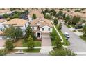 An aerial view of a charming neighborhood with well-maintained houses, green lawns, and mature trees at 1450 Rolling Fairway Dr, Davenport, FL 33896