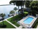 Aerial view of the community pool area, close to boat slips on the lake at 690 Osceola Ave # 405, Winter Park, FL 32789
