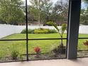 The backyard, as viewed from the lanai, includes a well-maintained lawn and colorful foliage at 1710 Summer Rose Dr, Mount Dora, FL 32757