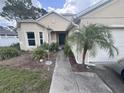 Inviting front entrance with a garden, decorative palm tree, and a covered walkway leading to the front door at 2921 Blackburn Ave, Deltona, FL 32738