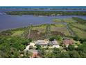 Aerial view of waterfront property with private dock and lush surrounding landscaping at 2189 Old Dixie Hwy, Ormond Beach, FL 32174